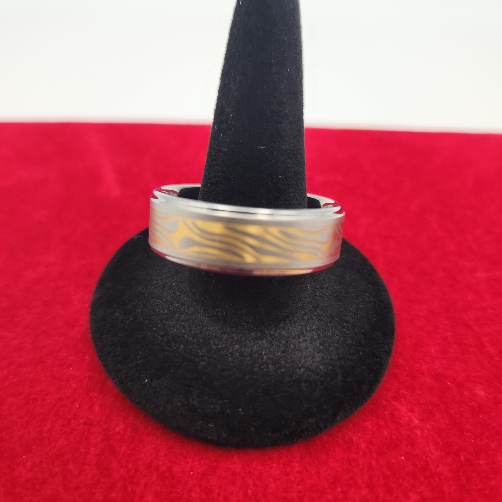 Silver and Gold Tusngsten Patterned Ring